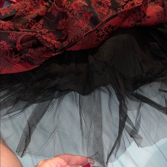 🍒 HEARTS & ROSES Red Black Brocade Sleeveless Lace Up Corset Full Dress Small - Picture 8 of 10